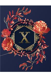 Journal Notebook Initial Letter "X" Monogram: Elegant, Decorative Wide-Ruled Diary. Featuring Unique Red/Peach Roses & leaf design, Navy Blue Background and Gold Hexagonal Frame around a Scroll 