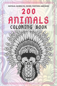200 Animals - Coloring Book - Buffalo, Guinea pig, Rhino, Panther, and more