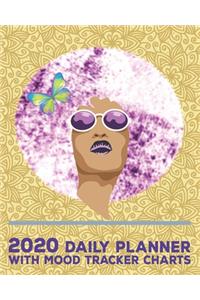 2020 Daily Planner with Mood Tracker Charts: Fancy Butterfly Afro Lady Daily Calendar Notebook to Track Moods and Plan Days