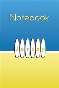 Jersey White Surfboards on The Beach Notebook: Celebrate surfing on the largest of the Channel Islands in Great Britain. Summer ocean surf themed blank lined journal with Subject and Date boxes t