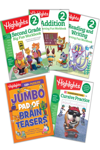 Second Grade Learning Fun Bundle: Second Grade Big Fun Workbook, Jumbo Pad of Brain Teasers, Highlights Handwriting Cursive Practice, Highlights ... Reading and Writing Learning Fun Workbook