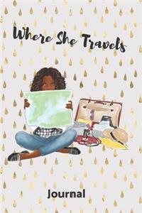 Where She Travels - (6x9 lined journal gold rain drops seated girl cover)