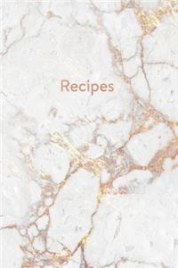 Recipes: Blank Recipe Book, Custom Cookbook for your Favorite Recipes - White Marble and Shiny Gold Inlay (6 x 9 - 100 pages)