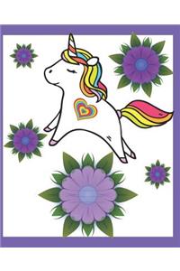 Purple Flowers Cute Rainbow Heart Unicorn Cover Girl Composition Wide-ruled blank line School Notebooks