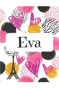 Eva: Journal de nom personnalisé Carnet de nom personnalisé Conception de coeurs et de cercles Couleurs roses et noires