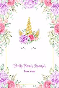 Weekly Planner Organizer Two Year: 2 Year Calendar & Planner, Monthly Calendar Overview - Yearly and Weekly Planner - Diary Planer Notes. Cute Unicorn Cover Design