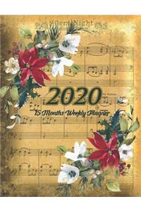 Large Print - 2020 - 15 Months Weekly Planner - Victorian Musical Christmas - Silent Night Golden with Poinsettia Flowers