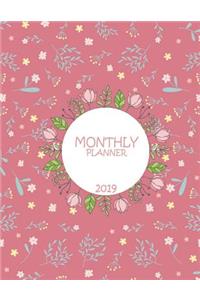 Monthly Planner 2019: Red Flower, Monthly Calendar Book 2019, Weekly/Monthly/Yearly Calendar Journal, Large 8.5" x 11" 365 Daily journal Planner, 12 Months Calendar, sche