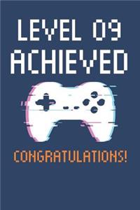 Level 9 Achieved Notebook, Gamers 9th Birthday Blank Lined Journal