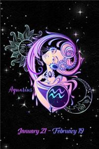 2020 Zodiac Weekly Planner - Aquarius January 21 - February 19: Stylized Fashionable Lady on Black Starry Background - 14 Month Planner