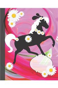 Cute Black Pony White Mane Pink Swirl & Daisies Composition Wide-ruled blank line School Notebook