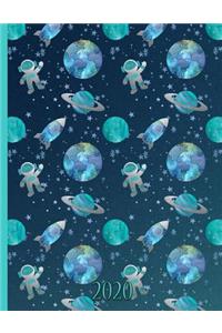 Astronauts in Space with Earth, Uranus, the Moon, and Rocketships