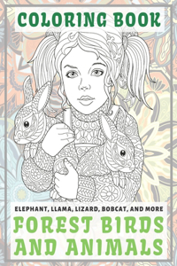 Forest Birds and Animals - Coloring Book - Elephant, Llama, Lizard, Bobcat, and more