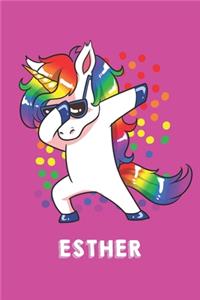 Esther: Personalisiertes Design Notizbuch Einhorn 120 linierte Seiten - Perfekte Geschenkidee für die Schuhe oder Weihnachten mit Vornamen DIN A5 (pink)