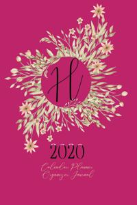 H - 2020 Calendar, Planner, Organizer, Journal: Black Monogram Letter H on a golden floral Wreath. Monthly and Weekly Planner, including 2019 and 2021 Calendars