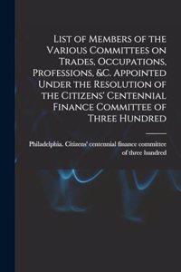 List of Members of the Various Committees on Trades, Occupations, Professions, &c. Appointed Under the Resolution of the Citizens' Centennial Finance Committee of Three Hundred