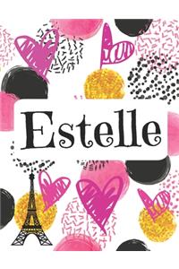 Estelle: Journal de nom personnalisé Carnet de nom personnalisé Conception de coeurs et de cercles Couleurs roses et noires