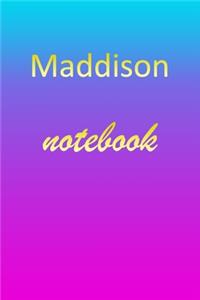 Maddison: Blank Notebook - Wide Ruled Lined Paper Notepad - Writing Pad Practice Journal - Custom Personalized First Name Initial M Blue Purple Gold - Taking 