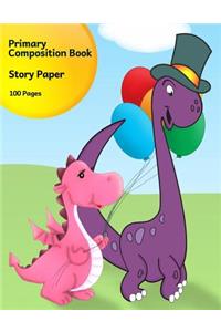Primary Composition Book: Story Paper Journal for K-3 (Pink & Purple Dinosaurs with Balloons, Space on Top for Drawing & Dotted Midlines Below, 8.5x11 Inches, 100 Pages)