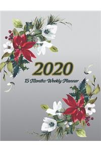 Large Print - 2020 - 15 Months Weekly Planner - Victorian Christmas - Silver with Poinsettia Flowers
