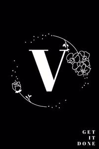Simple Black Initial Letter V Notebook with Rose Floral Journal for Women, Girls Birthday Gift and School