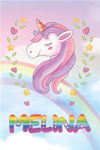 Melina: Melina Unicorn Notebook Rainbow Journal 6x9 Personalized Customized Gift For Someones Surname Or First Name is Melina