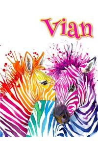 Vian: Rainbow Zebras, Personalized Journal, Diary, Notebook, 105 Lined Pages, Christmas, Birthday, Friendship Gifts for Girls, Teens and Women, Book Size 8 1/2 X 11