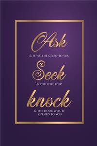 Ask Seek Knock Wirebound Notebook with purple and gold cover