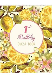 1st Birthday Pink Yellow Fruit and Flowers Watercolor Design Guest Book