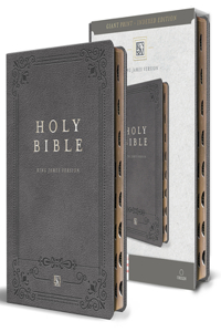 KJV Holy Bible, Giant Print Thinline Large format, Gray Premium Imitation Leather with Ribbon Marker, Red Letter, and Thumb Index