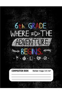 6th Grade Where the Adventure Begins Composition Book (Wide Ruled/ 110 pages/ 7.44x9.69)