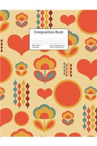 Composition Book Wide-Ruled Retro Vintage 1970's Hearts and Flowers