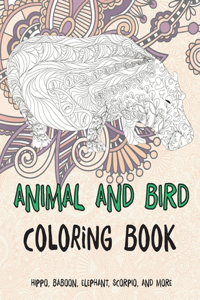 Animal and Bird - Coloring Book - Hippo, Baboon, Elephant, Scorpio, and more