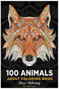 100 animals.Adult Coloring Book.stress relieving