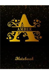 Amber Notebook: Letter a Personalized First Name Personal Writing Notepad Journal Black Gold Glitter Pattern Effect Cover College Ruled Lined Paper for Journalists 