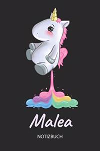 Malea - Notizbuch: Individuelles personalisiertes Mädchen & Frauen Namen blanko Regenbogen pupsendes Einhorn Notizbuch. Liniert leere Seiten. Ideal als Uni & coole Sch