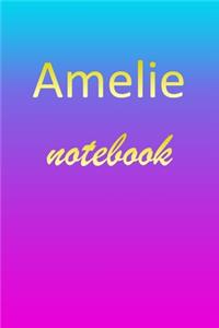 Amelie: Blank Notebook - Wide Ruled Lined Paper Notepad - Writing Pad Practice Journal - Custom Personalized First Name Initial A Blue Purple Gold - Taking 