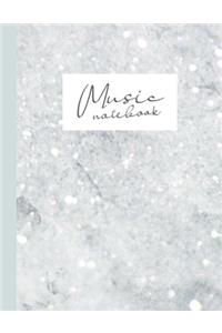 Music notebook: wide staff manuscript paper - 8.5x11 - 120 pages - 8 staves per page - easy to write on - shiny diamonds on white marble stone - perfect for student