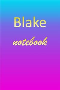 Blake: Blank Notebook - Wide Ruled Lined Paper Notepad - Writing Pad Practice Journal - Custom Personalized First Name Initial B Blue Purple Gold - Taking 