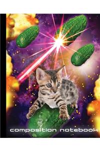 Composition Notebook: Funny Space Cat vs. Laser Cucumbers! 7.5" X 9.25" - Wide Ruled - 110 Pages