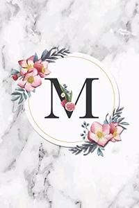 M: Floral Monogram Letter M Personalized Name Notebook Grey Marble Blank Lined Diary & Note Taking Journal Floral Birthday Gift Notepad.