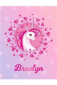 Braelyn: Braelyn Magical Unicorn Horse Large Blank Pre-K Primary Draw & Write Storybook Paper - Personalized Letter B Initial Custom First Name Cover - Story