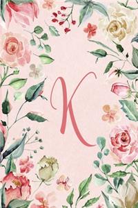 Notebook 6"x9" - Initial K - Pink Green Floral Design: College ruled notebook with initials/monogram - alphabet series.