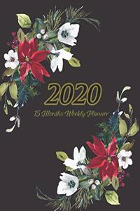 Large Print - 2020 - 15 Months Weekly Planner - Victorian Christmas - Black with Poinsettia Flowers
