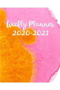 Weekly Planner 2020-2021: 2 Year Calendar, Weekly and Daily Planner for Two Years - Pink and Orange Watercolor