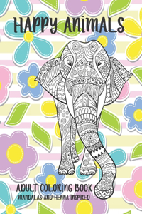 Adult Coloring Book Happy Animals - Mandalas and Henna Inspired