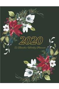 Large Print - 2020 - 15 Months Weekly Planner - Victorian Christmas - Green with Poinsettia Flowers