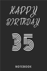 Happy 35th Birthday Notebook & Journal: 120 Pages, 6 x 9 unique B-day diary, black composition book with white typing, Birthday Gift