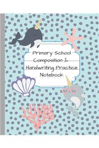 Primary School Composition and Handwriting Practice Notebook/ Narwhals in the sea 7.5 x 9.25 notebook half blank page half dotted lined for writing