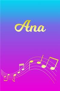 Ana: Sheet Music Note Manuscript Notebook Paper - Pink Blue Gold Personalized Letter A Initial Custom First Name Cover - Musician Composer Instrument Com